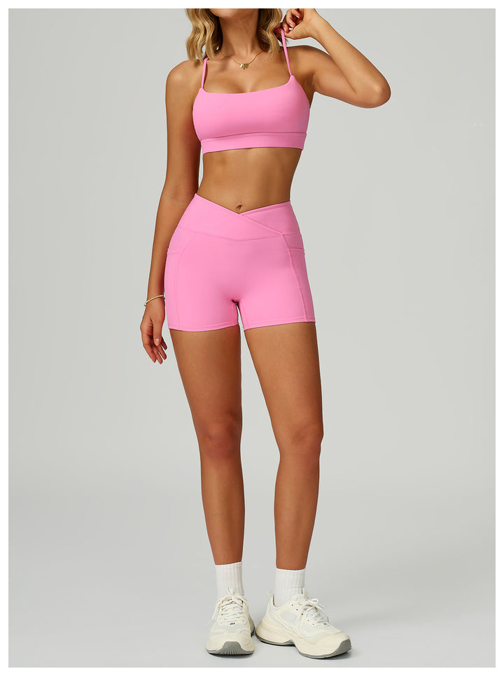 Sollinarry Nude Feel High Waist Yoga Shorts Cross Waist Skinny Yoga Pants Outdoor Running Cycling Sports