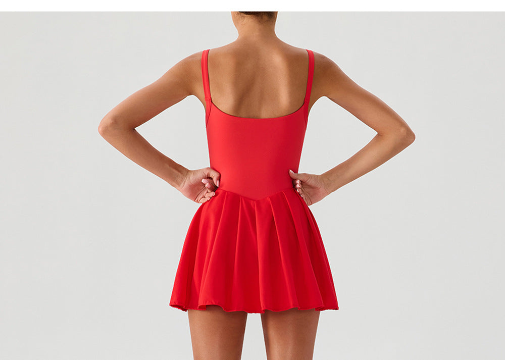 Sleeveless Sports Yoga Dress Fitness Faux Two Pieces Anti Wardrobe Malfunction Base Pockets Draped Dress Running Tennis Dress Women