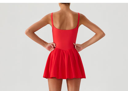 Sleeveless Sports Yoga Dress Fitness Faux Two Pieces Anti Wardrobe Malfunction Base Pockets Draped Dress Running Tennis Dress Women