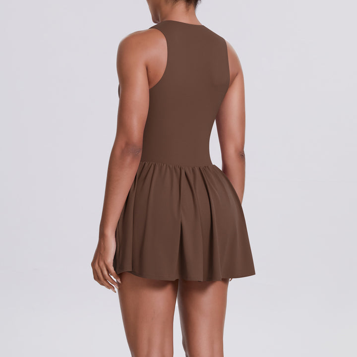 Cloud Sense Faux Two Pieces Zipped Stand Collar Dress Outdoor Running Anti Exposure Pocket Leggings Tennis Dress Women