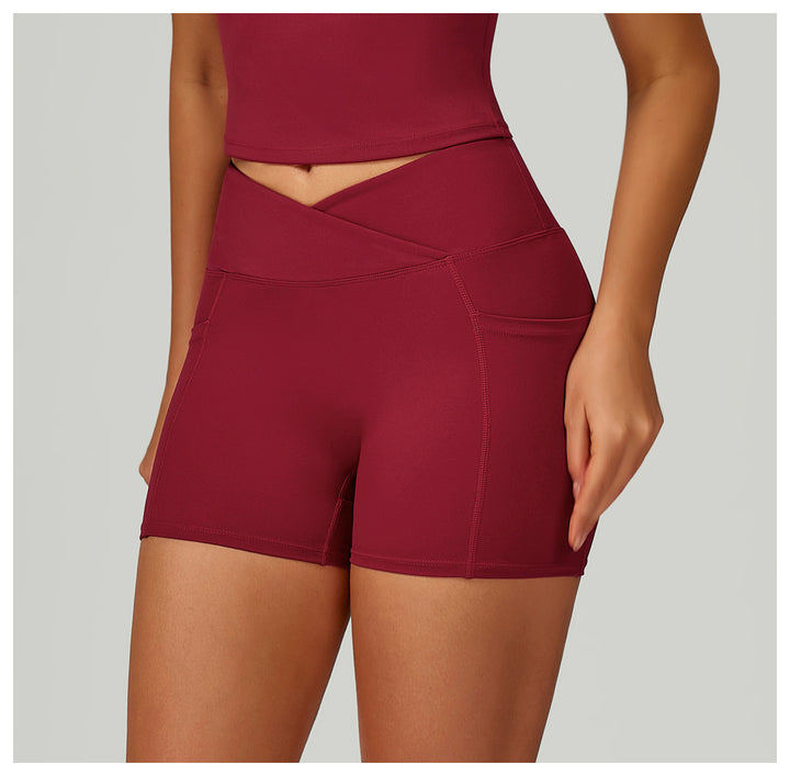 Sollinarry Nude Feel High Waist Yoga Shorts Cross Waist Skinny Yoga Pants Outdoor Running Cycling Sports