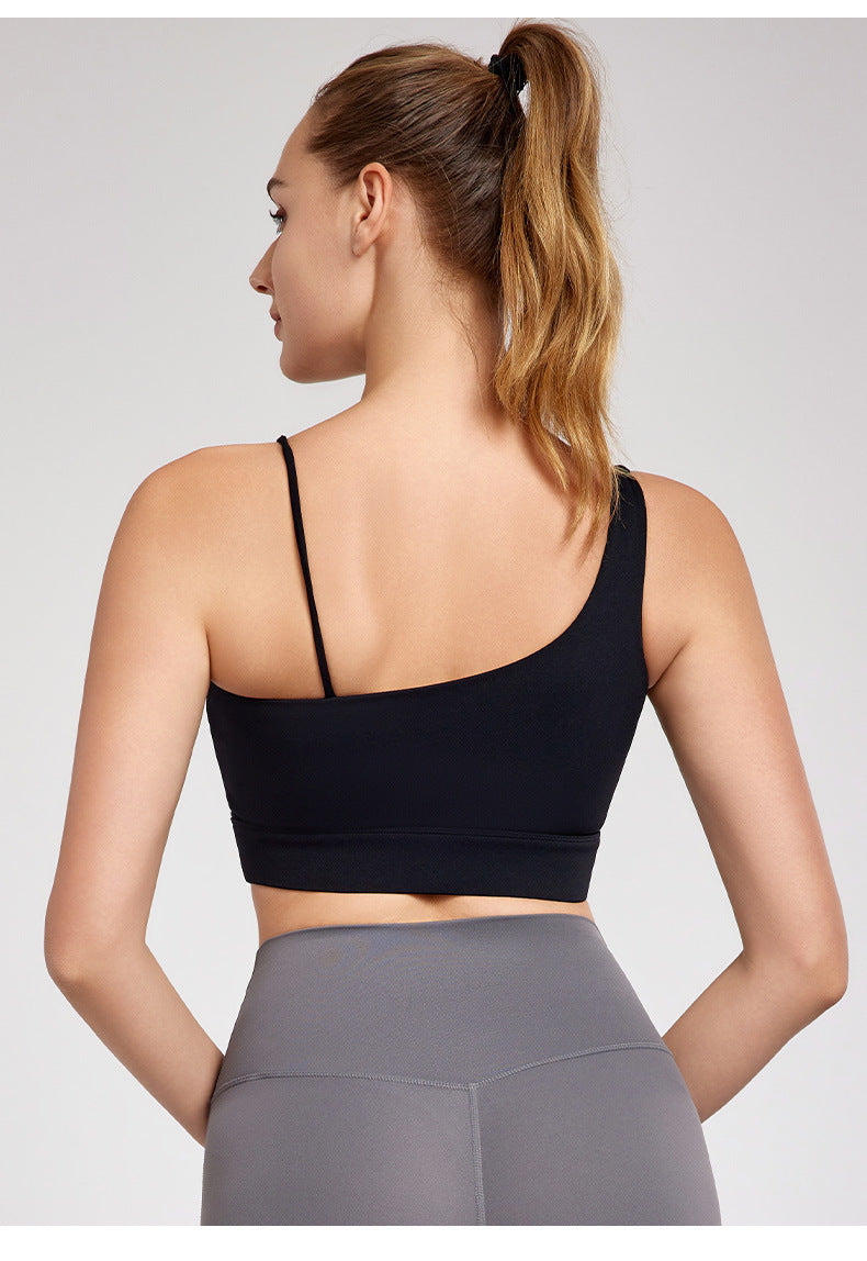 Oblique Shoulder Beauty Back Yoga Vest Women Chest Pad Solid Color Sexy All Matching Short Sports Fitness Top Outer Wear