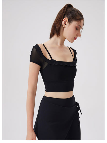 Sexy Lace Mesh Yoga Clothes Short Sleeve Running Quick Drying Sports Bra with Chest Pad One Piece Cup Workout Clothes