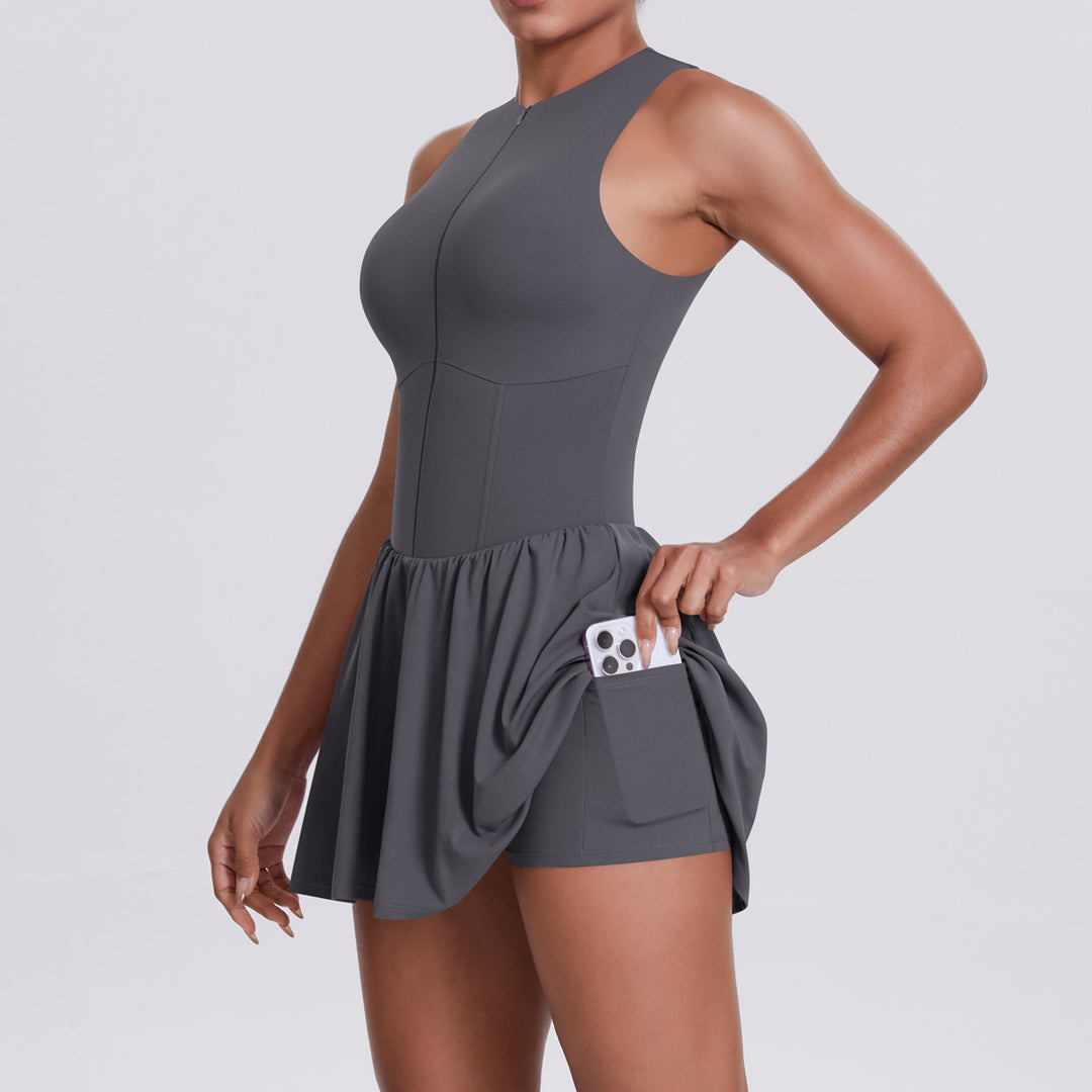 Cloud Sense Faux Two Pieces Zipped Stand Collar Dress Outdoor Running Anti Exposure Pocket Leggings Tennis Dress Women