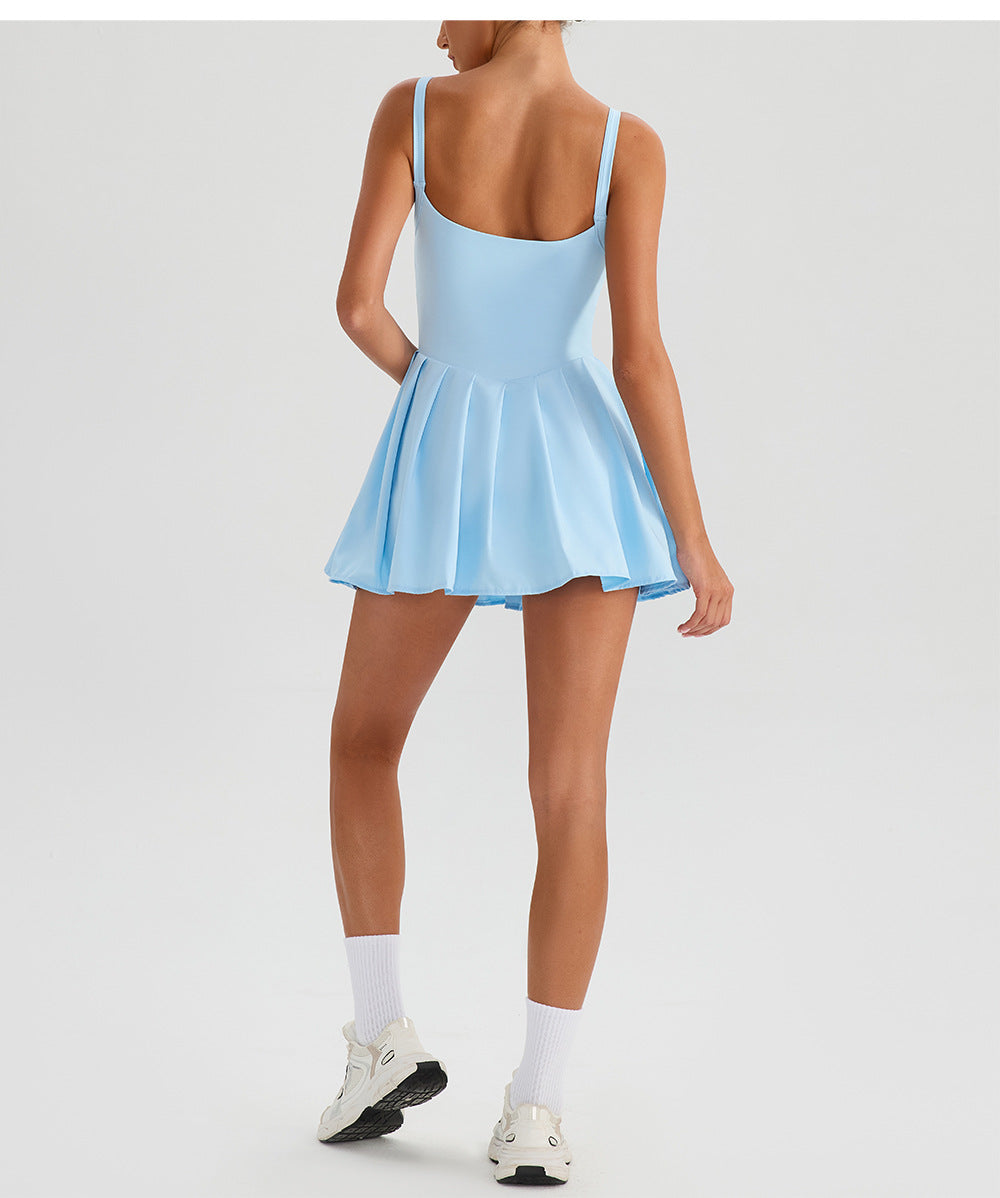 Sleeveless Sports Yoga Dress Fitness Faux Two Pieces Anti Wardrobe Malfunction Base Pockets Draped Dress Running Tennis Dress Women