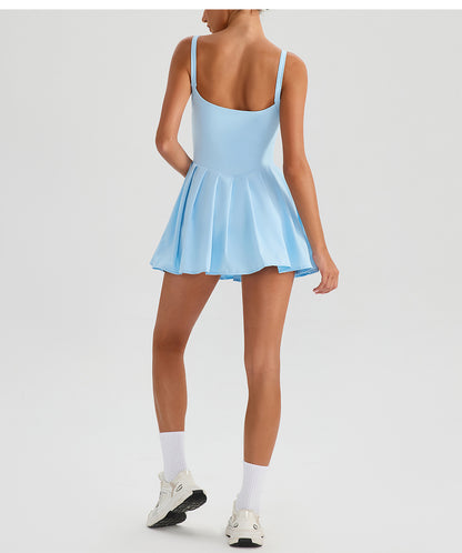 Sleeveless Sports Yoga Dress Fitness Faux Two Pieces Anti Wardrobe Malfunction Base Pockets Draped Dress Running Tennis Dress Women