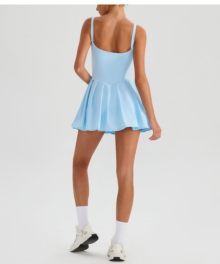 Sleeveless Sports Yoga Dress Fitness Faux Two Pieces Anti Wardrobe Malfunction Base Pockets Draped Dress Running Tennis Dress Women