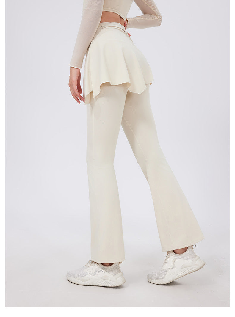 Two Piece Set High Waist Pleated Hip Lifting Nude Feel Yoga Pants Fart Curtain Outer Wear Running Workout Pants Breathable Fitness Bell Bottom Pants