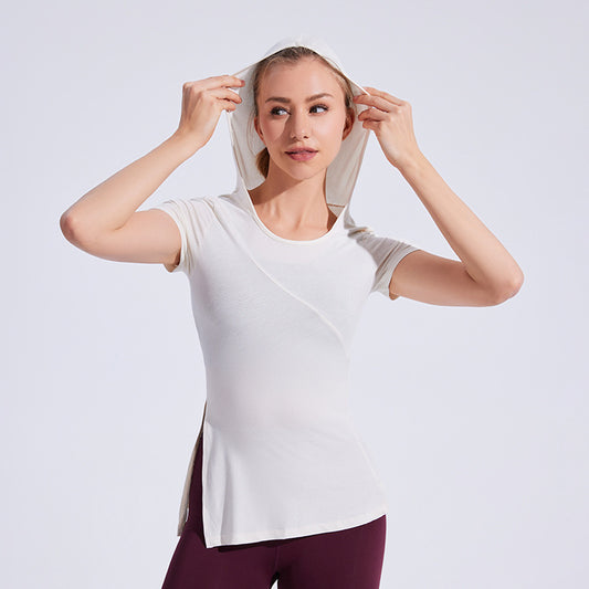 Slim Fit Hood Side Slit Sports Top Women Skinny Yoga Clothes Fitness Short Sleeve Casual Running T shirt