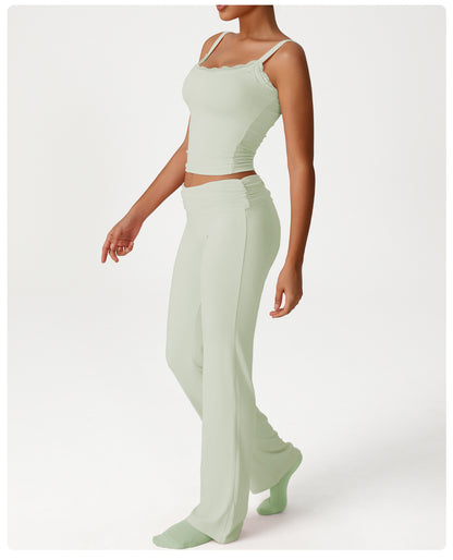 Pleated Micro Pull Yoga Pants High Waist Belly Contracting Running Sports Wide Legs Trousers Fitted All Matching Casual Bell Bottom Pants