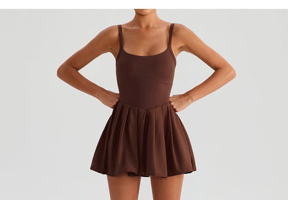 Sleeveless Sports Yoga Dress Fitness Faux Two Pieces Anti Wardrobe Malfunction Base Pockets Draped Dress Running Tennis Dress Women