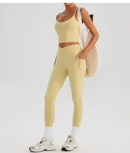 Summer High Waist Cross Yoga Trousers Nude Feel Quick Drying Fitness Outer Pocket Running Body Shaping Sports Trousers