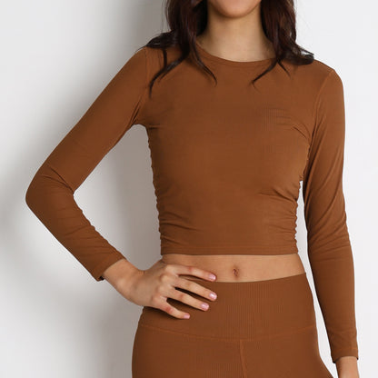 Fitness Wear Wang Fried Pleated Long Sleeved T shirt Short Cropped Outfit Flattering Yoga Running Hidden Embarrassing Line