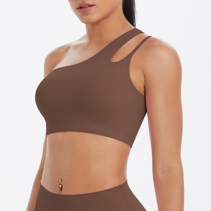 Solid Color One Shoulder Beauty Back Yoga Bra Nude Feel Push up Sports Bra Irregular Asymmetric Shoulder Strap Sports Vest for Women