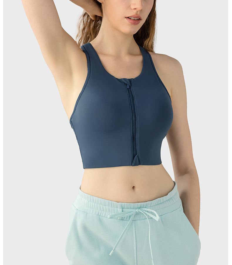 Front Zipper Closure Explosion Proof One Piece Cup Sports Underwear Adjustable Wide Shoulder Strap Support Shockproof Sports Bra