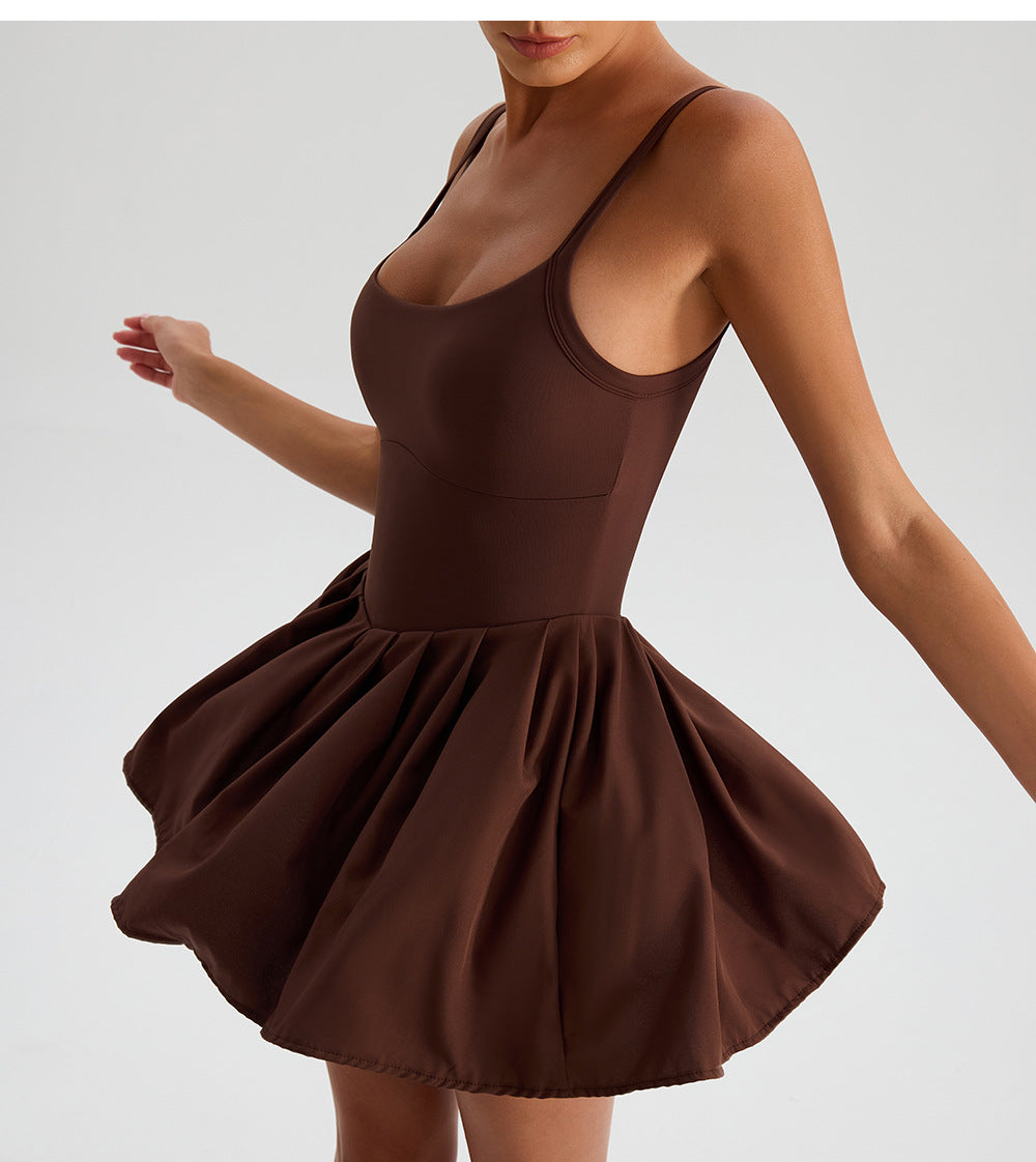 Sleeveless Sports Yoga Dress Fitness Faux Two Pieces Anti Wardrobe Malfunction Base Pockets Draped Dress Running Tennis Dress Women