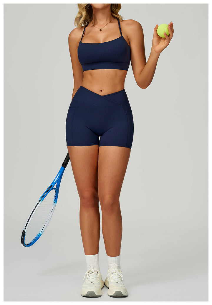 Sollinarry Nude Feel High Waist Yoga Shorts Cross Waist Skinny Yoga Pants Outdoor Running Cycling Sports