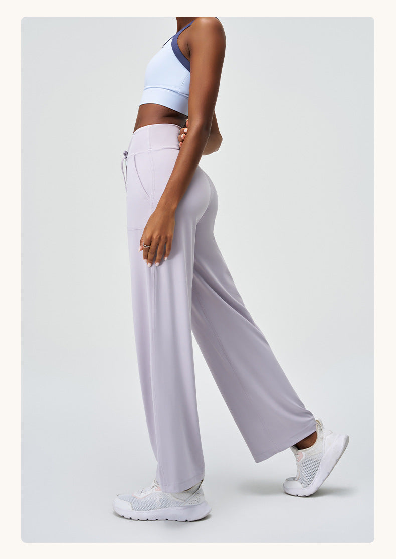 Spring Summer Micro Pull Yoga Pants Women High Waist Belly Contracting Outer Wear Hip Lifting Shaping Side Pocket Draping Wide Leg Pants