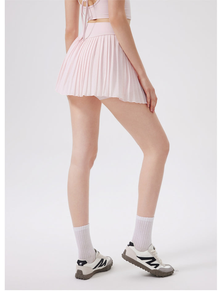 Summer Elastic High Waist Slimming Yoga Skirts Lined Light Belt Pocket Tennis Skirt Casual Outdoor Pleated Skirt