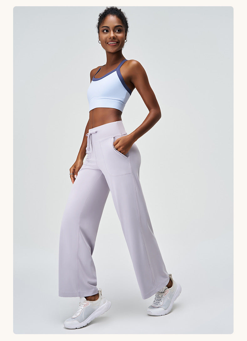 Spring Summer Micro Pull Yoga Pants Women High Waist Belly Contracting Outer Wear Hip Lifting Shaping Side Pocket Draping Wide Leg Pants