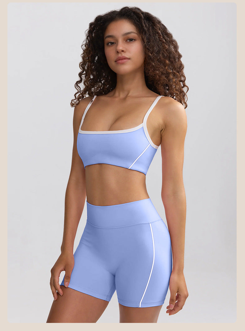 Spring Summer Yoga Clothes White Strap Shockproof High Strength High Waist Hip Lift Running Workout Shorts Sets