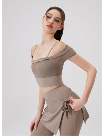 Sexy Lace Mesh Yoga Clothes Short Sleeve Running Quick Drying Sports Bra with Chest Pad One Piece Cup Workout Clothes