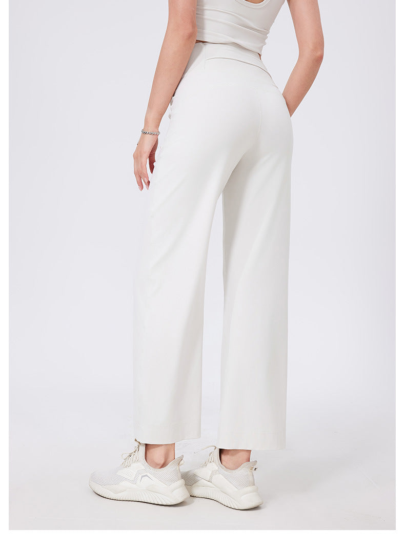 High Waist Belly Contracting Sports Loose Straight Leg Trousers Women Quick Drying Running Thin Fitness Pant Belt Pocket Nude Feel Yoga Pants