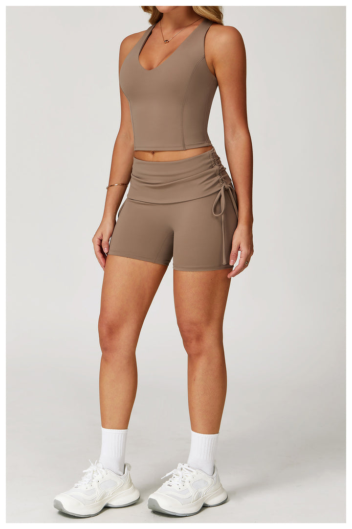 Sollinarry Waist Turning Nude Feel Tight Yoga Shorts Drawstring Outerwear Casual Pants Pilates Sports Shorts for Women