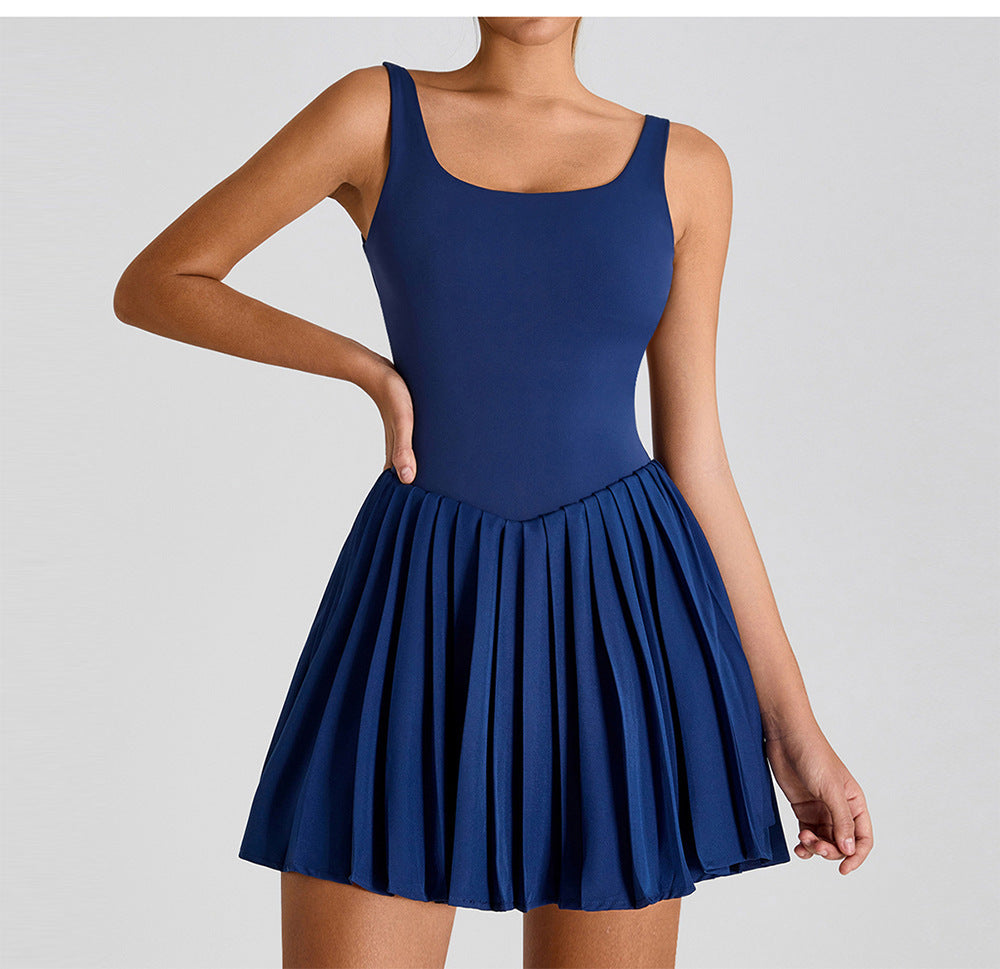 Sleeveless Sports Yoga Dress Fitness Faux Two Pieces Anti Wardrobe Malfunction Base Pockets Draped Dress Running Tennis Dress Women