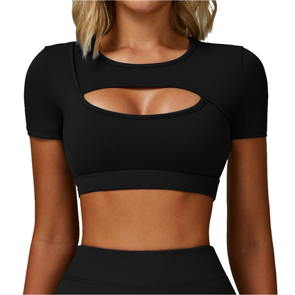 Sollinarry Summer Yoga Short Sleeve Hollow Out Cutout out Tight Shockproof Nude Feel Sports T shirt Running Fitness Sports Top