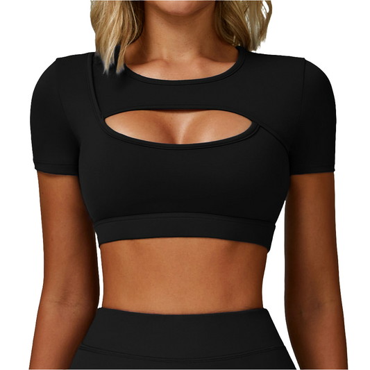 Sollinarry Summer Yoga Short Sleeve Hollow Out Cutout out Tight Shockproof Nude Feel Sports T shirt Running Fitness Sports Top