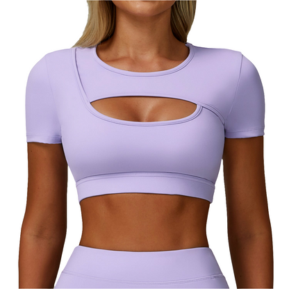 Sollinarry Summer Yoga Short Sleeve Hollow Out Cutout out Tight Shockproof Nude Feel Sports T shirt Running Fitness Sports Top