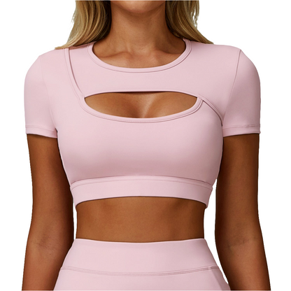 Sollinarry Summer Yoga Short Sleeve Hollow Out Cutout out Tight Shockproof Nude Feel Sports T shirt Running Fitness Sports Top