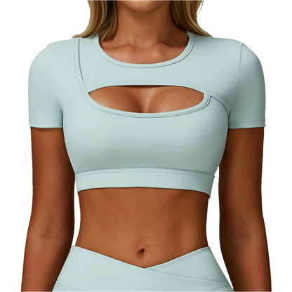 Sollinarry Summer Yoga Short Sleeve Hollow Out Cutout out Tight Shockproof Nude Feel Sports T shirt Running Fitness Sports Top